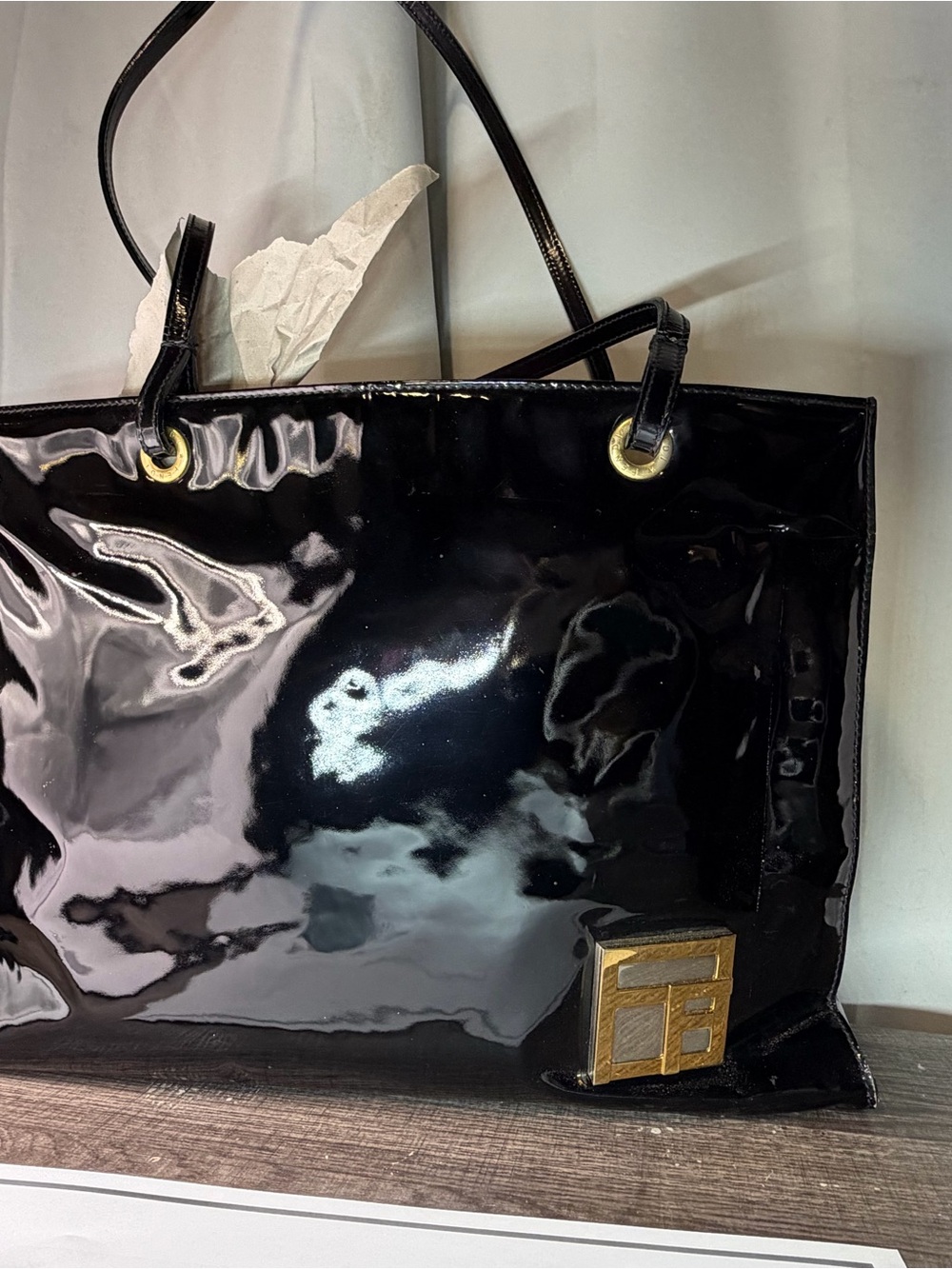Vintage Fendi Black Patent FF Logo Tote